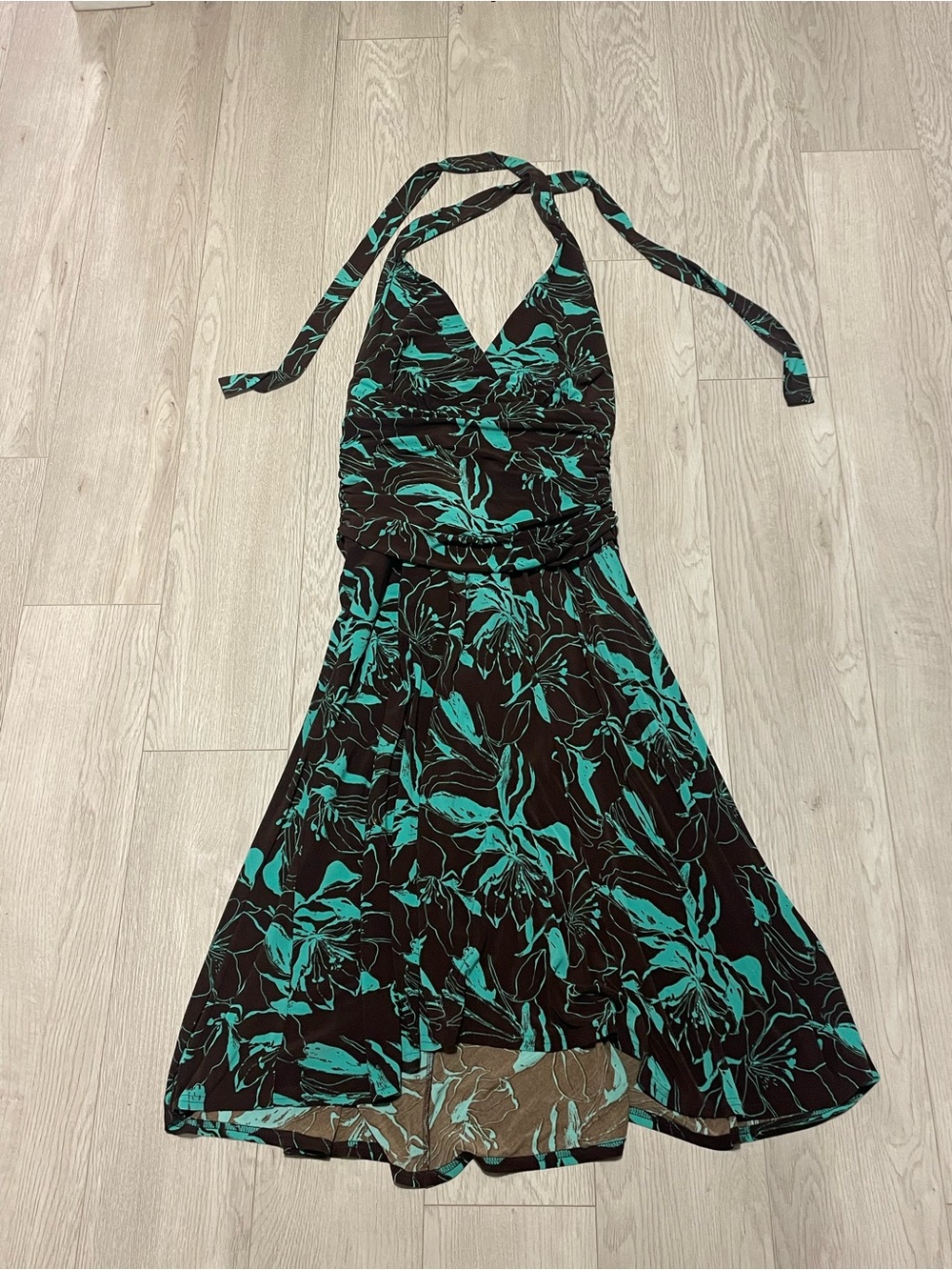 Brown & Teal Floral Halter Dress - Elegant Women's Dress